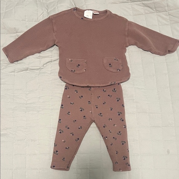 Zara Other - Zara Mauve Ribbed Baby Top & Floral Leggings Set
